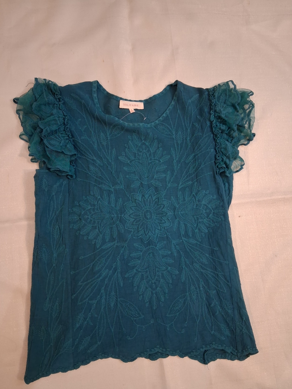 Solitaire Teal Ruffled Sleeve Embroidered Women’s Top